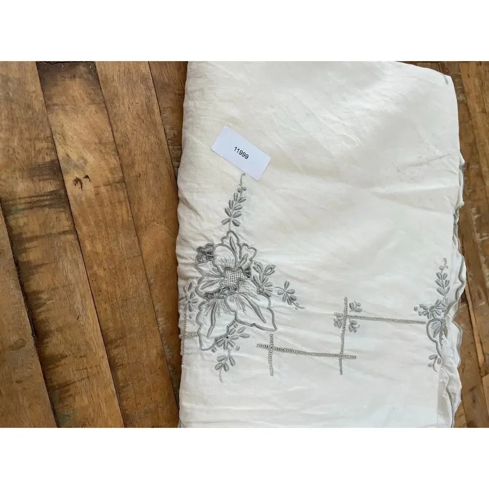 Vintage Hand Embroidery Floral Linen Tablecloth Ivory Rectangular 98